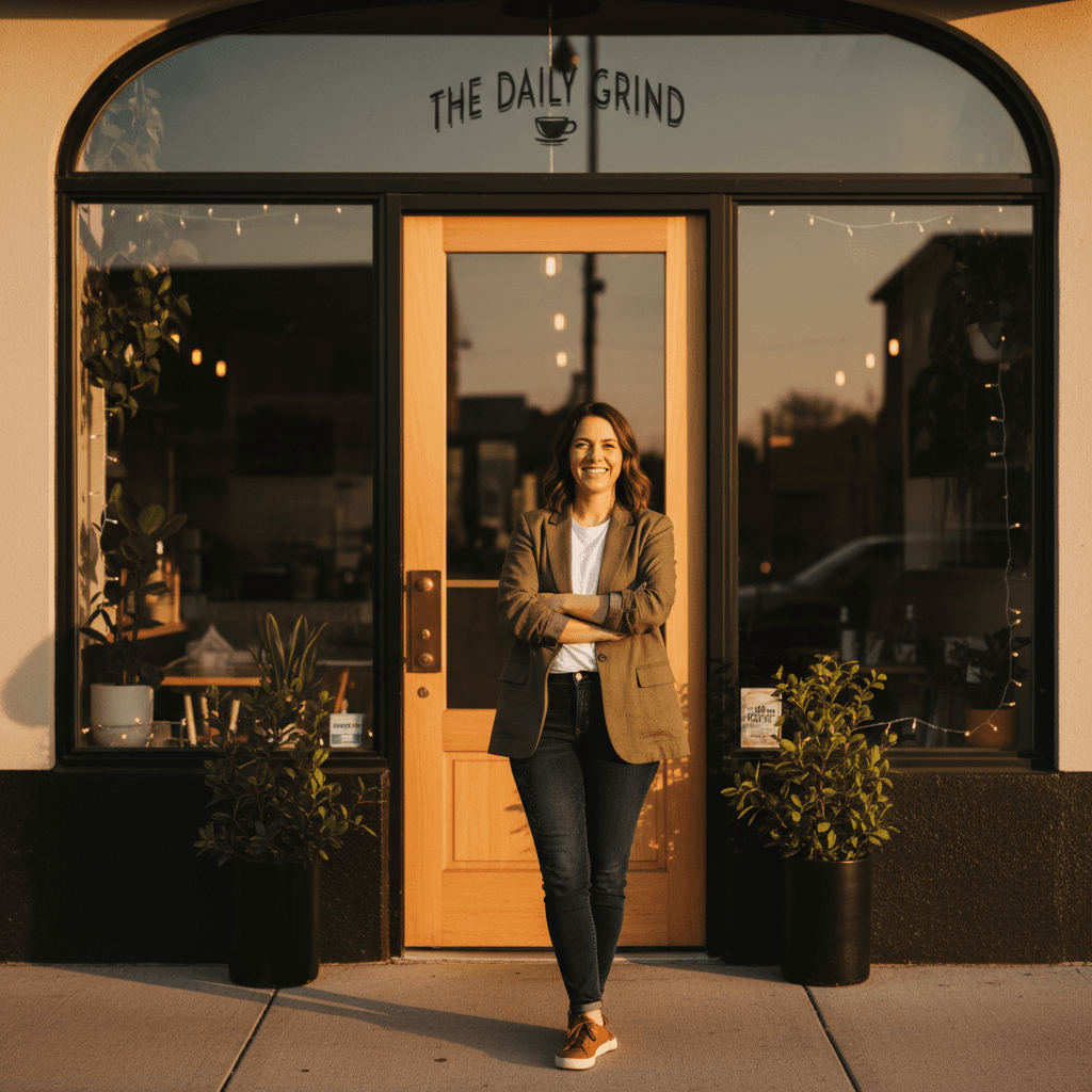 Confident small business owner standing in front of their shop, representing the trust that comes from strong reviews